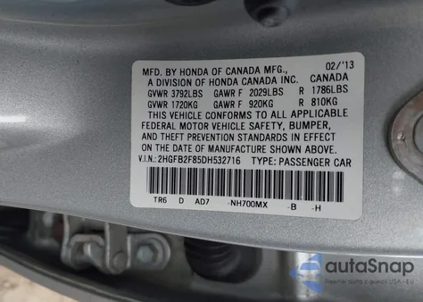 2013 Honda Civic Ex z USA, uszkodzony, nr VIN 2HGFB2F85DH532716